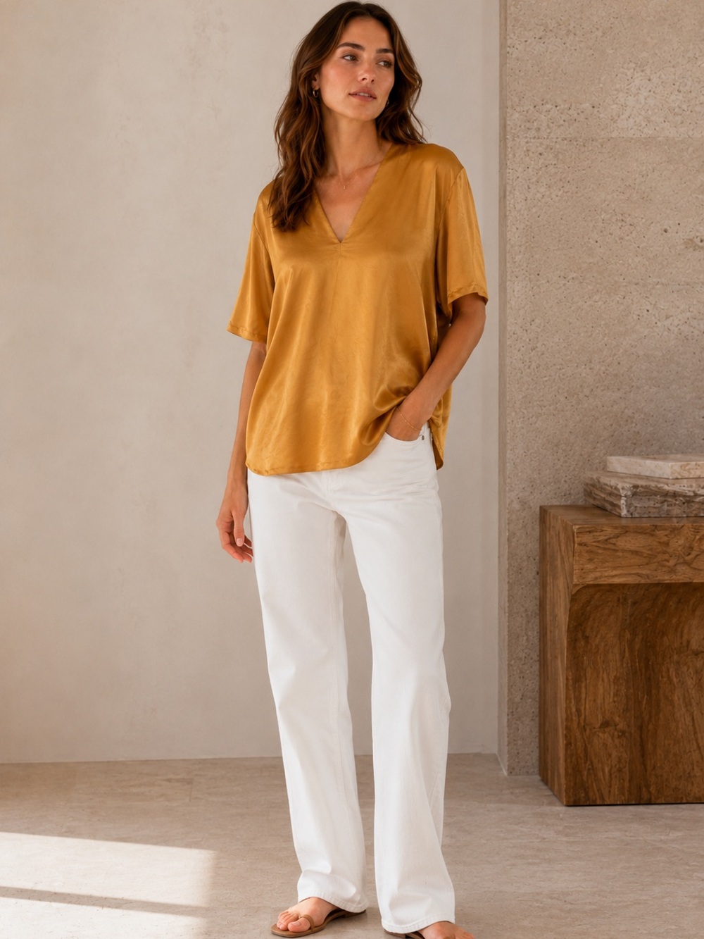 Vince 100% Silk Dolman V Neck Blouse Marigold Gold M